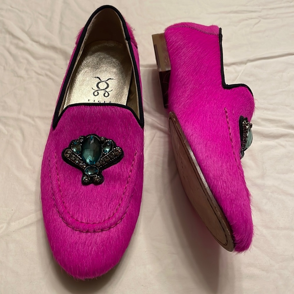 Figue "Milky" Calf Hair Embellished Magenta Loafers